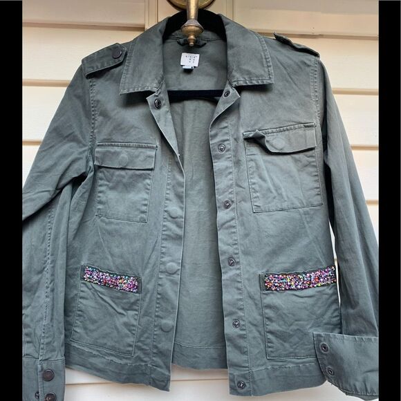 A New Day Olive Long Sleeve Denim Jacket, Sequin Decorated Pockets, Size Med - Picture 3 of 11